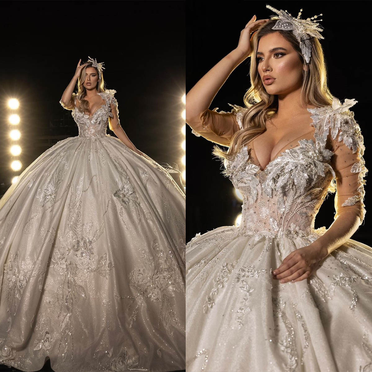 Luxurious Ball Gown Wedding Dresses V-neck 1/2 Sleeves 3D Applicants Pearls Court Gown Custom Made Plus Side Vestidos De Novia