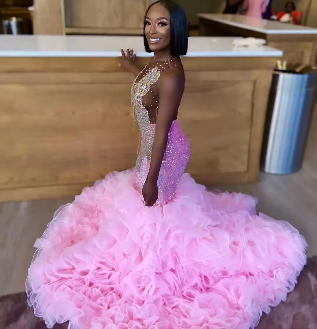 2023 Plus Size Arabic Pink Mermaid Prom Dresses Beaded Crystals Aso Ebi Evening Formal Party Second Reception Birthday Engagement Gowns