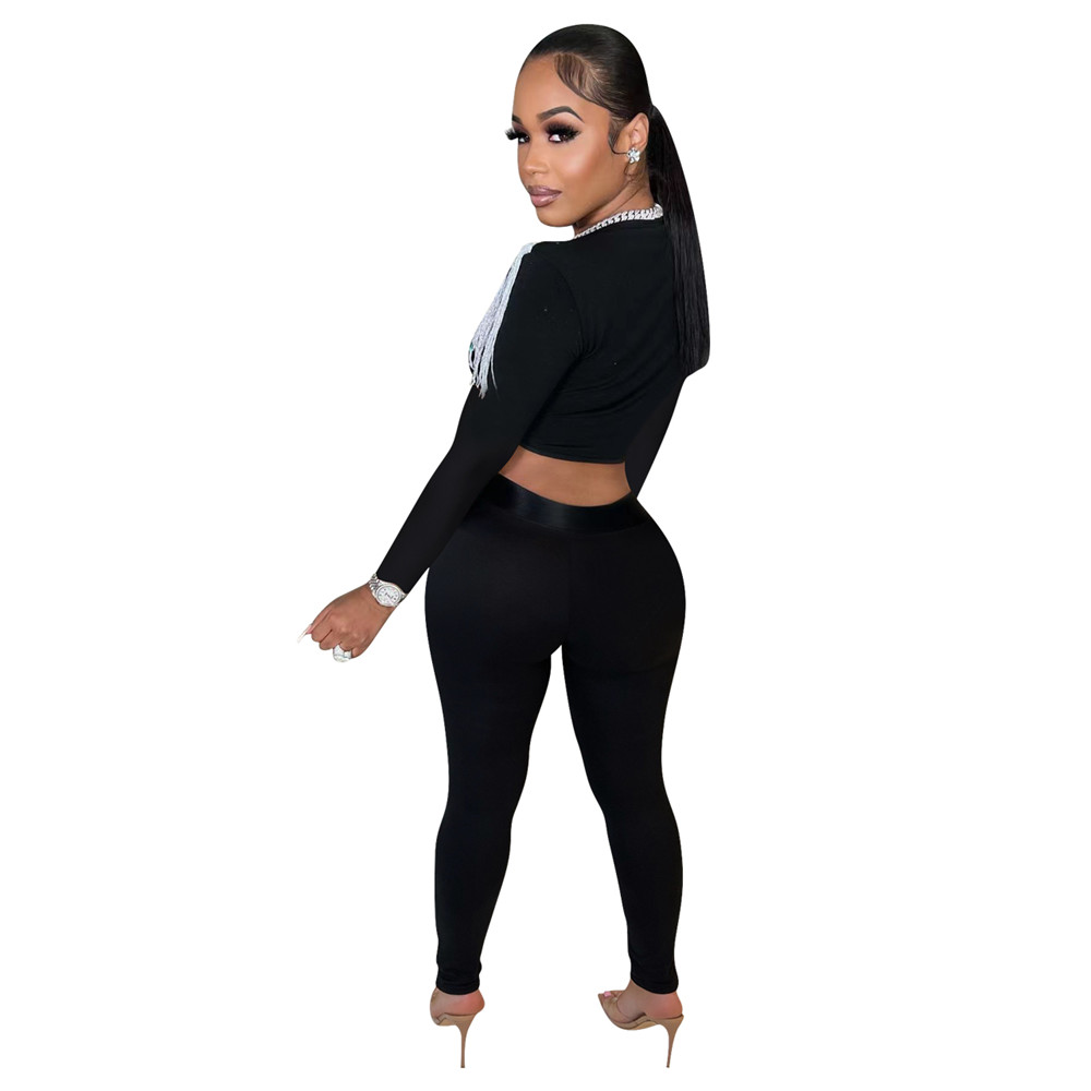 Designer Two Piece Sets Women Tracksuits Spring Autumn Outfits Long Sleeve Bandage Tassels Crop Top and Pants Matching Sets Solid Sportswear Sexy Club