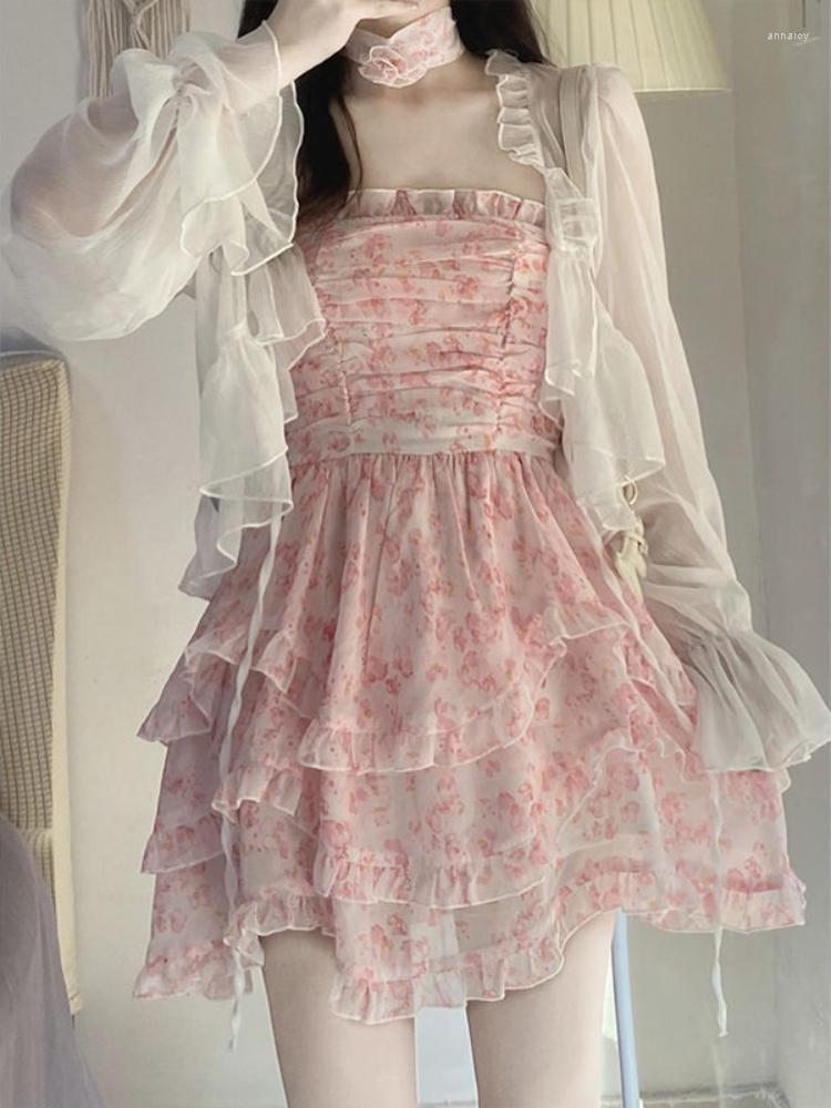 Casual Dresses Summer Lace Floral Fairy Dress Women Korean Fashion Strap Sexy Party Mini Female Designer Ruffle Flounce Sweet 2023