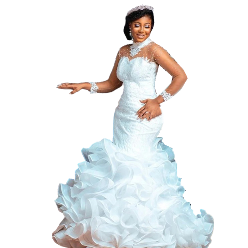 Graceful Ruffles Tiered Mermaid Wedding Dresses High Neck Sheer Long Sleeves Bridal Gowns Pearls Beaded Luxury White African Nigeria Vestidos De Novia