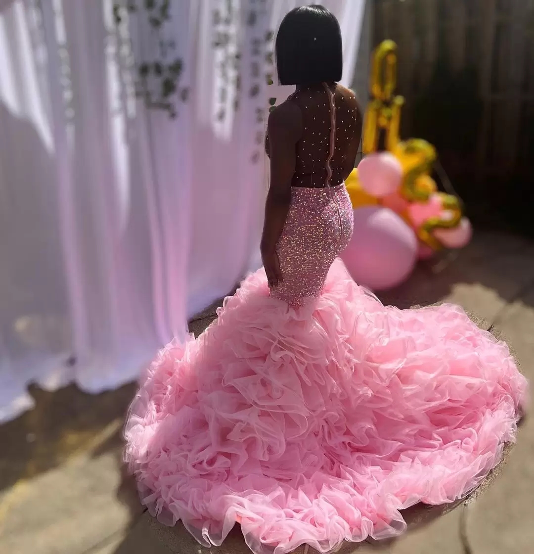 2023 Plus Size Arabic Pink Mermaid Prom Dresses Beaded Crystals Aso Ebi Evening Formal Party Second Reception Birthday Engagement Gowns