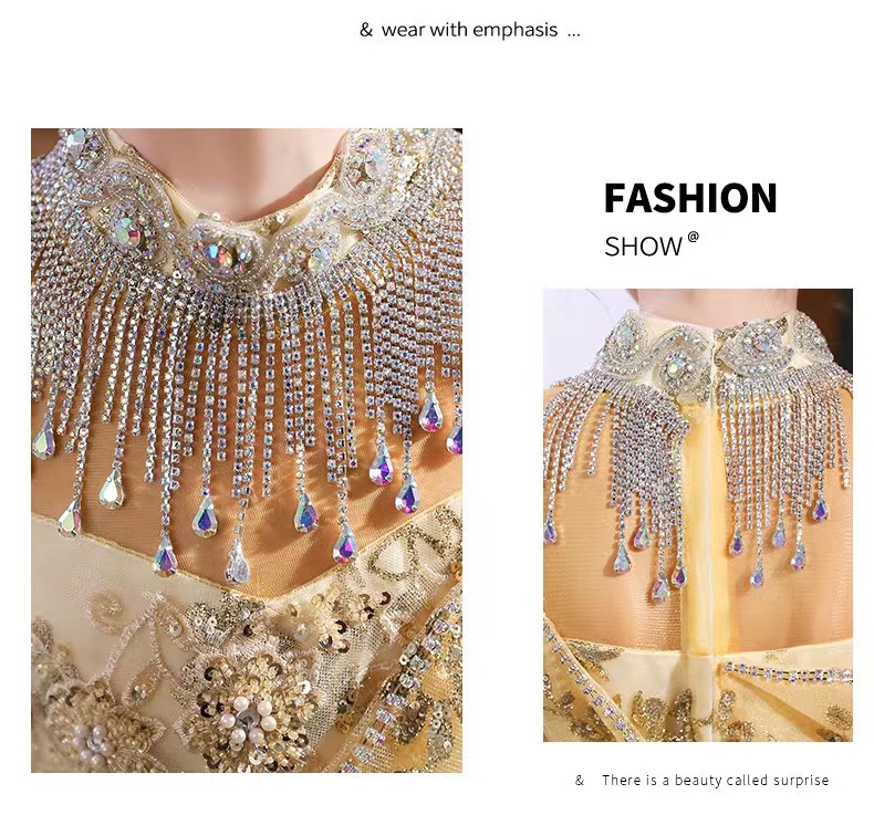 Gold Wer Girl Dresses Jewel Neck Ball Gown Lace Appliques Beads Sequined Kids Girls Pageant Dress Sweep Train Crystal Birthday Gowns Lz0304