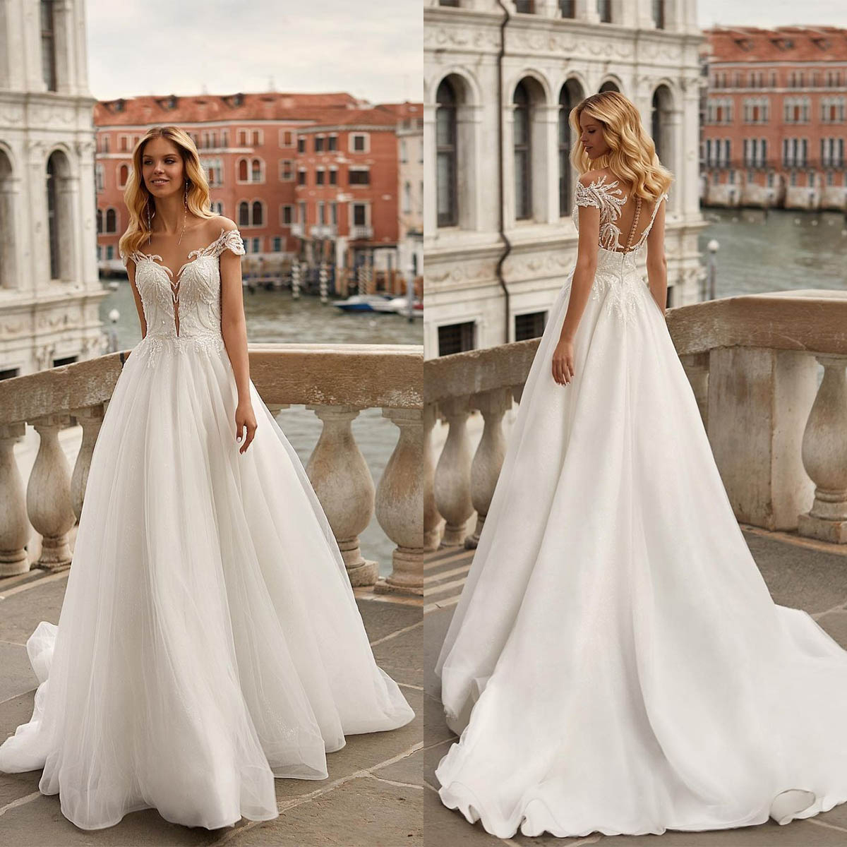 Elegant A-line Wedding Dresses V-neck Off the Shoulder Applicants on Tulle Zipper Court Gown Custom Made Plus Size Bridal Dress Vestidos De Novia