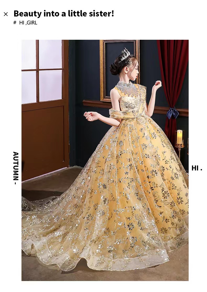 Gold Wer Girl Dresses Jewel Neck Ball Gown Lace Appliques Beads Sequined Kids Girls Pageant Dress Sweep Train Crystal Birthday Gowns Lz0304