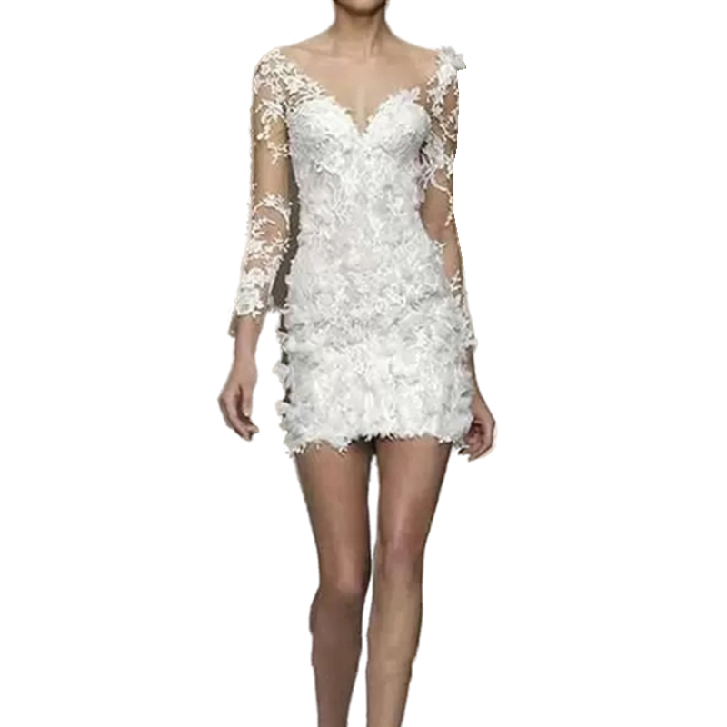 3D Floral Boho Sheath Wedding Dresses Long Sleeves V-neck Short Beach Lace Applique Spring Summer Bridal Reception Gowns Country Vestido De Novia