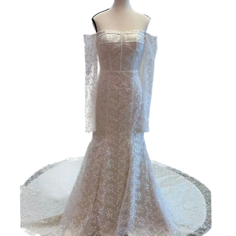 Real Photos Lace Mermaid Wedding Dresses With Long Sleeve Boho Beach Long Train Bridal Gowns Off Shoulder Corset Sheer Backless Buttons Bride Vestido 