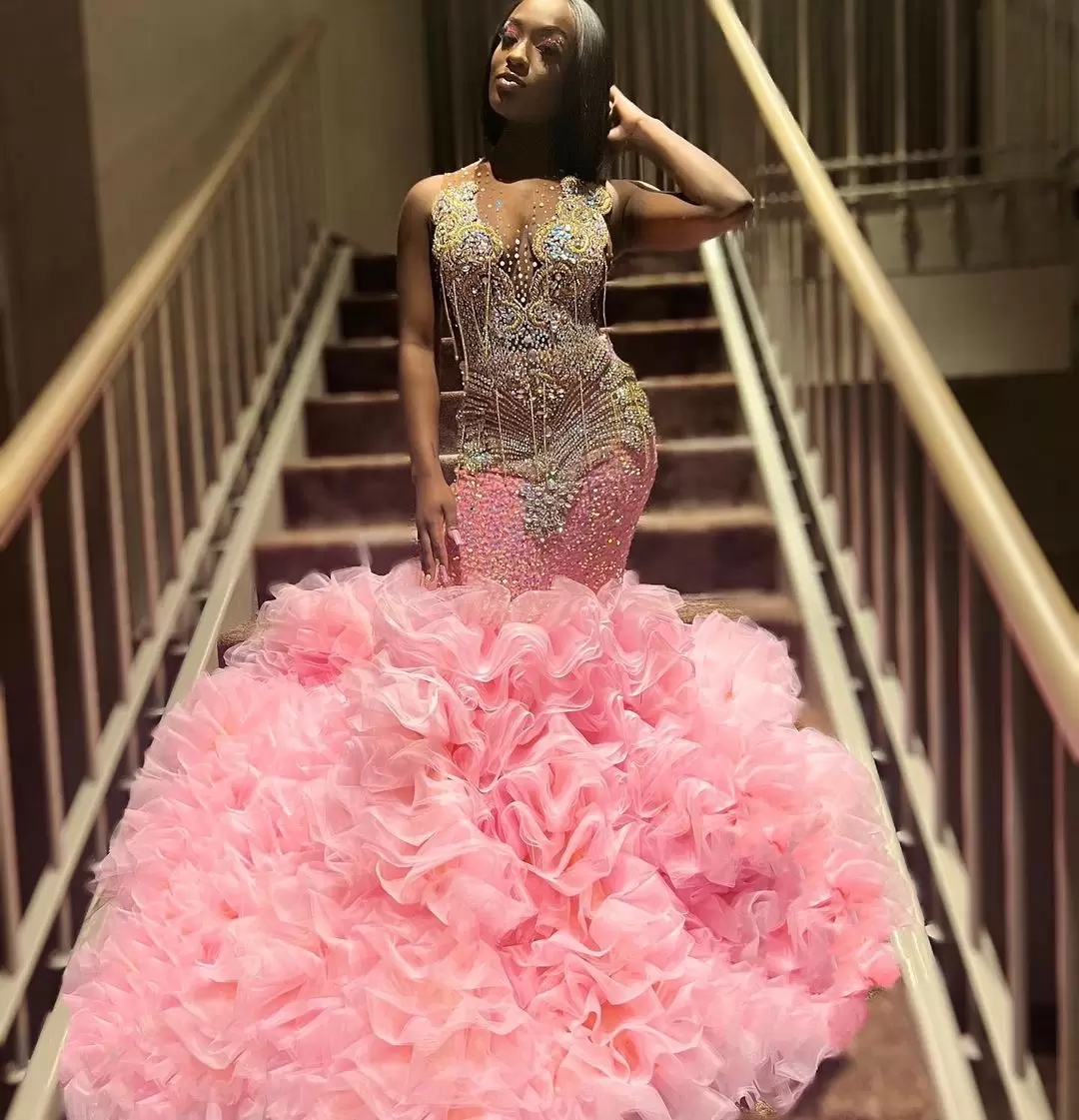 2023 Plus Size Arabic Pink Mermaid Prom Dresses Beaded Crystals Aso Ebi Evening Formal Party Second Reception Birthday Engagement Gowns