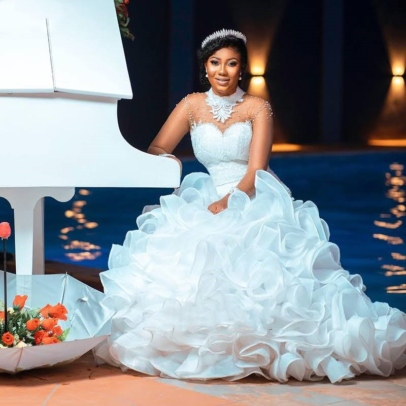 Graceful Ruffles Tiered Mermaid Wedding Dresses High Neck Sheer Long Sleeves Bridal Gowns Pearls Beaded Luxury White African Nigeria Vestidos De Novia