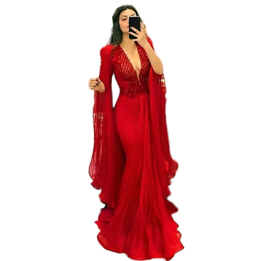 Elegant Pleats Red Chiffon Mermaid Evening Dresses With Flare Long Sleeves Arabic Elegant Formal Party Gowns Sequins Deep V-Neck Sexy Celebrity Occasi