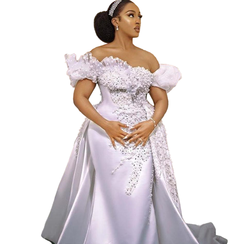 African Luxury Mermaid Wedding Dresses Major Pearls Beaded Off Shoulder Aso Ebi Bridal Dress Ruffles White Satin vestidos de novia Detachable Train