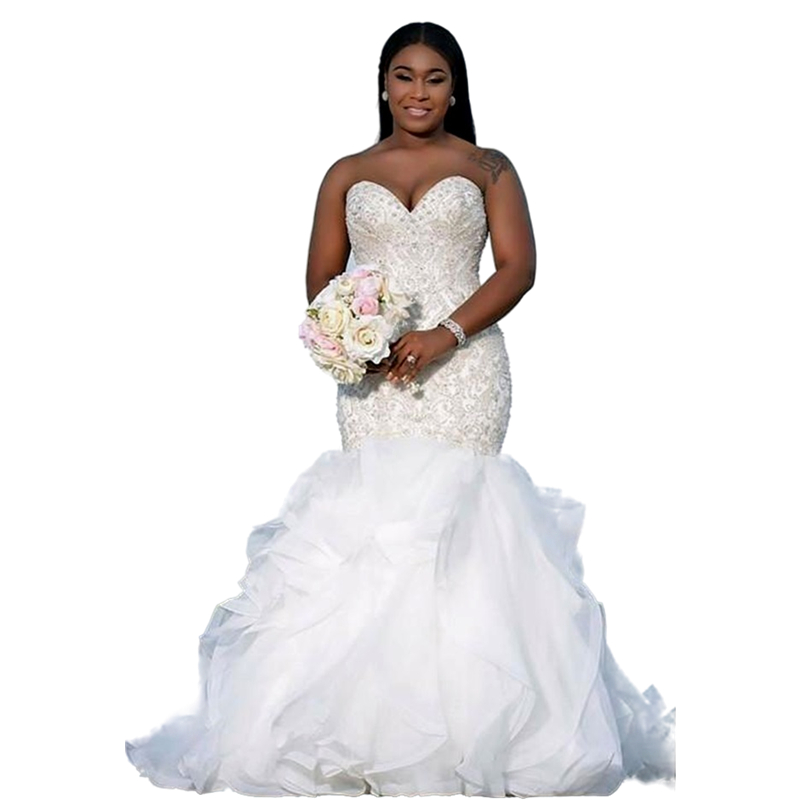 Luxury Crystals Beaded Long Mermaid Wedding Dresses Ruffles Tiered Sweetheart Plus Size African Nigeria Bridal Gowns Sleeveless Lace-up Mordern Church