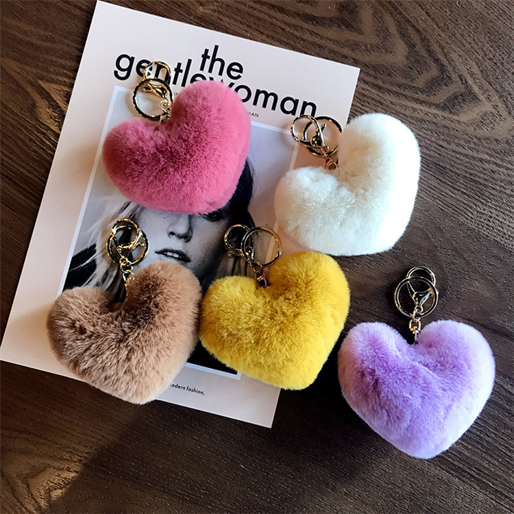 Heart Shaped Imitation Rabbit Fur Keychains Pom Pom Ball Pendant Keychain Plush Car Keyring Bag Pendent Accessories Promotion Gift Wholesale Price