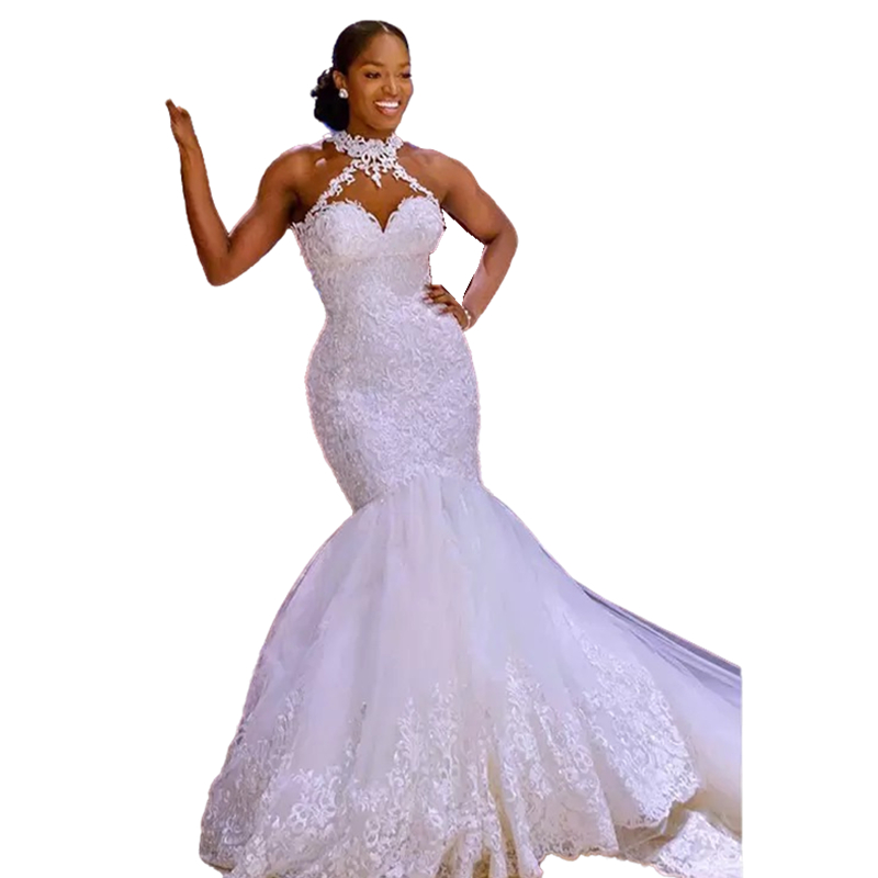 Royal African Nigeria Mermaid Wedding Dresses Halter Buttons Illusion Back Sleeveless Long White Bridal Gowns Lace Applique Elegant Bride Dress