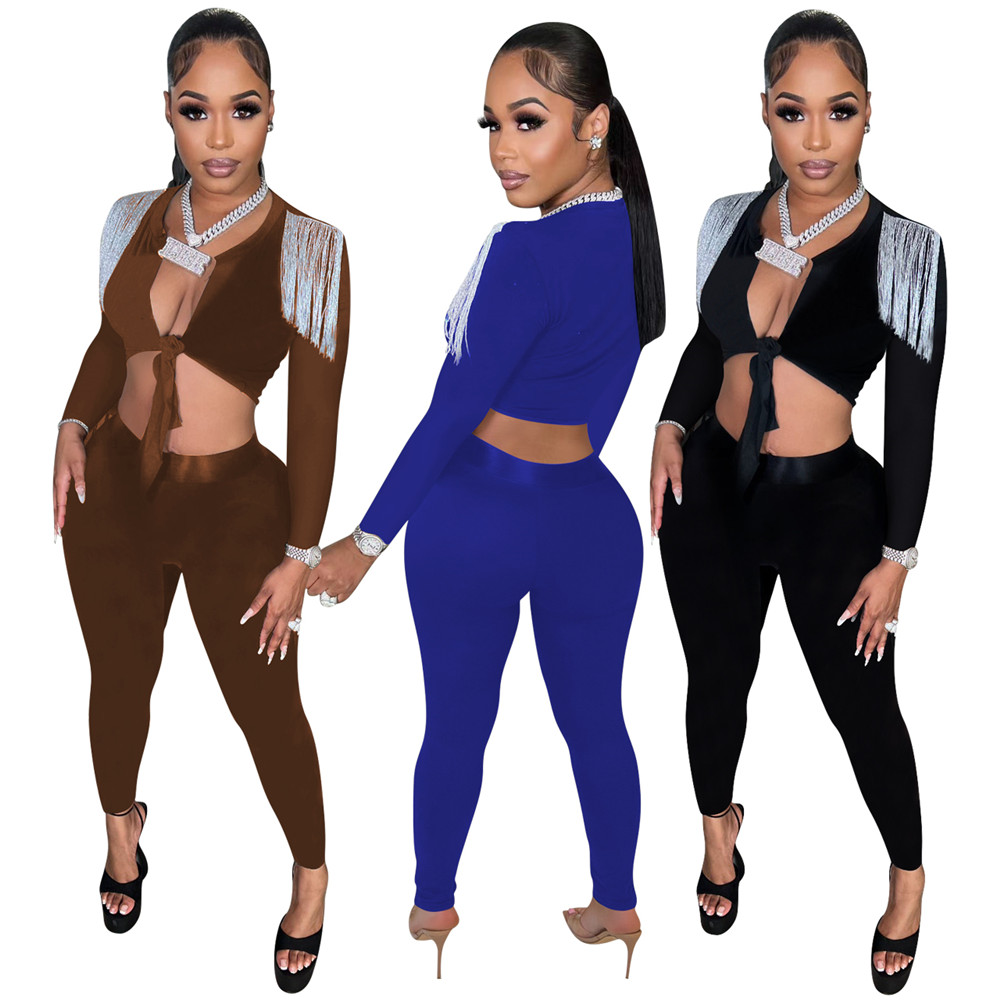 Designer Two Piece Sets Women Tracksuits Spring Autumn Outfits Long Sleeve Bandage Tassels Crop Top and Pants Matching Sets Solid Sportswear Sexy Club