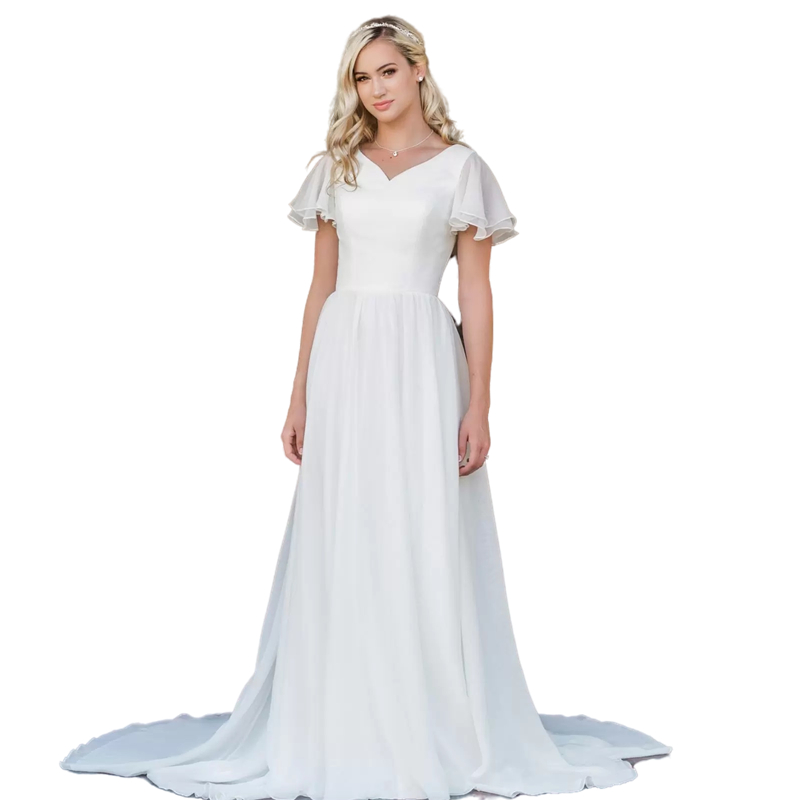 Chiffon Boho A-line Wedding Dresses With Flutter Sleeves V neck Buttons Back Informal Beach Bridal Gowns Simple White Long Bohemian Women Bride Dress