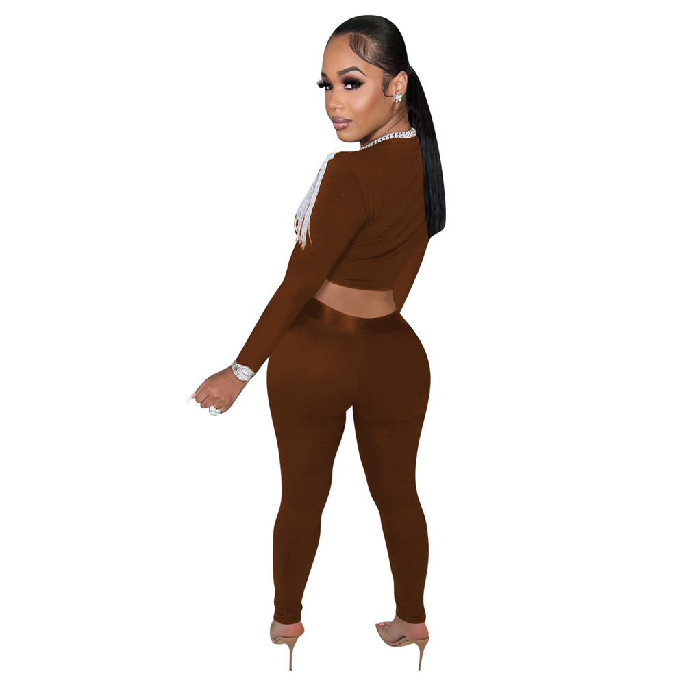 Designer Two Piece Sets Women Tracksuits Spring Autumn Outfits Long Sleeve Bandage Tassels Crop Top and Pants Matching Sets Solid Sportswear Sexy Club