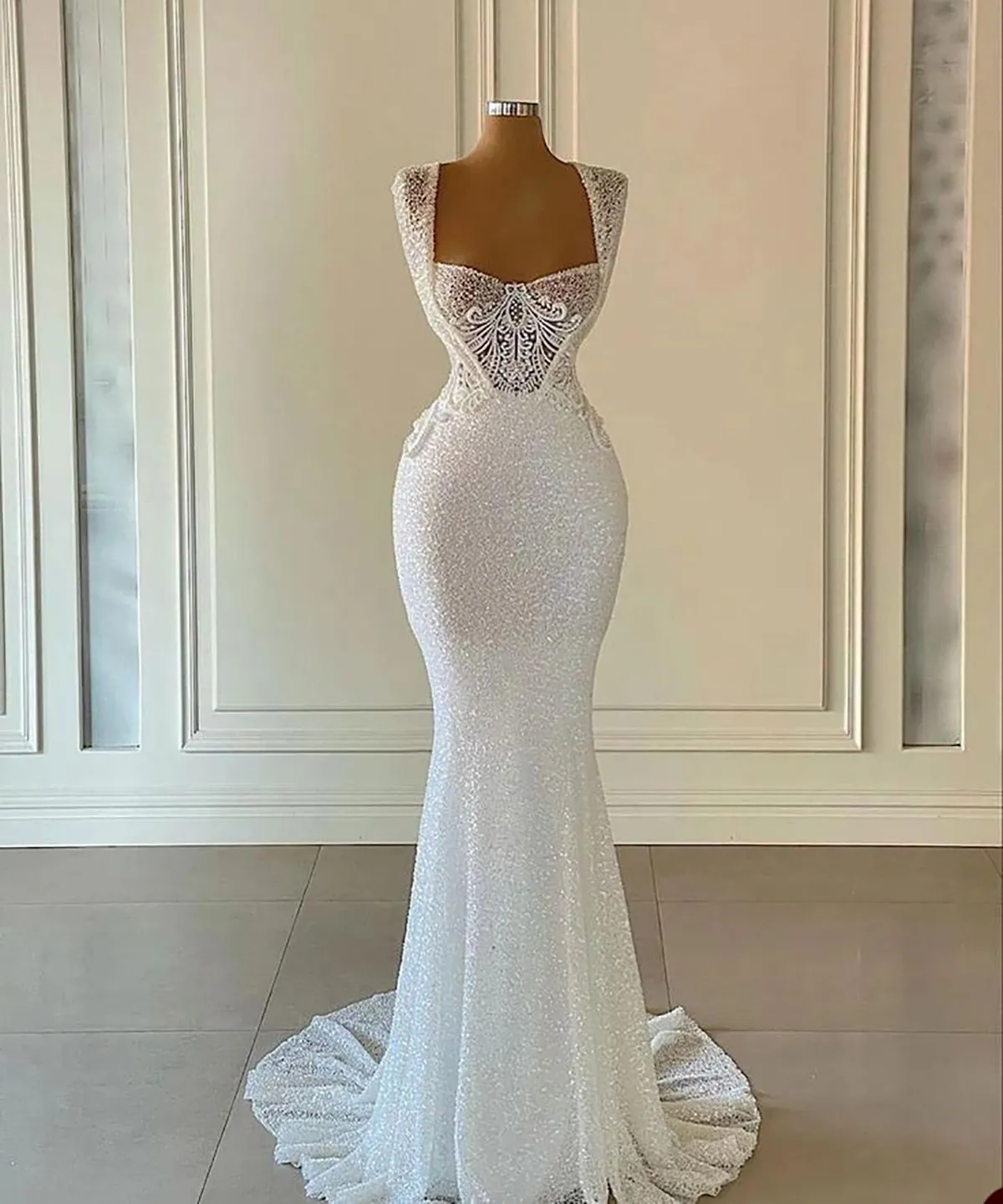 Elegant Mermaid Wedding Dresses Bridal Gown Lace Applique Sleeveless Sparkly Sequins Custom Made Beach Country Vestido De Novia Plus Size