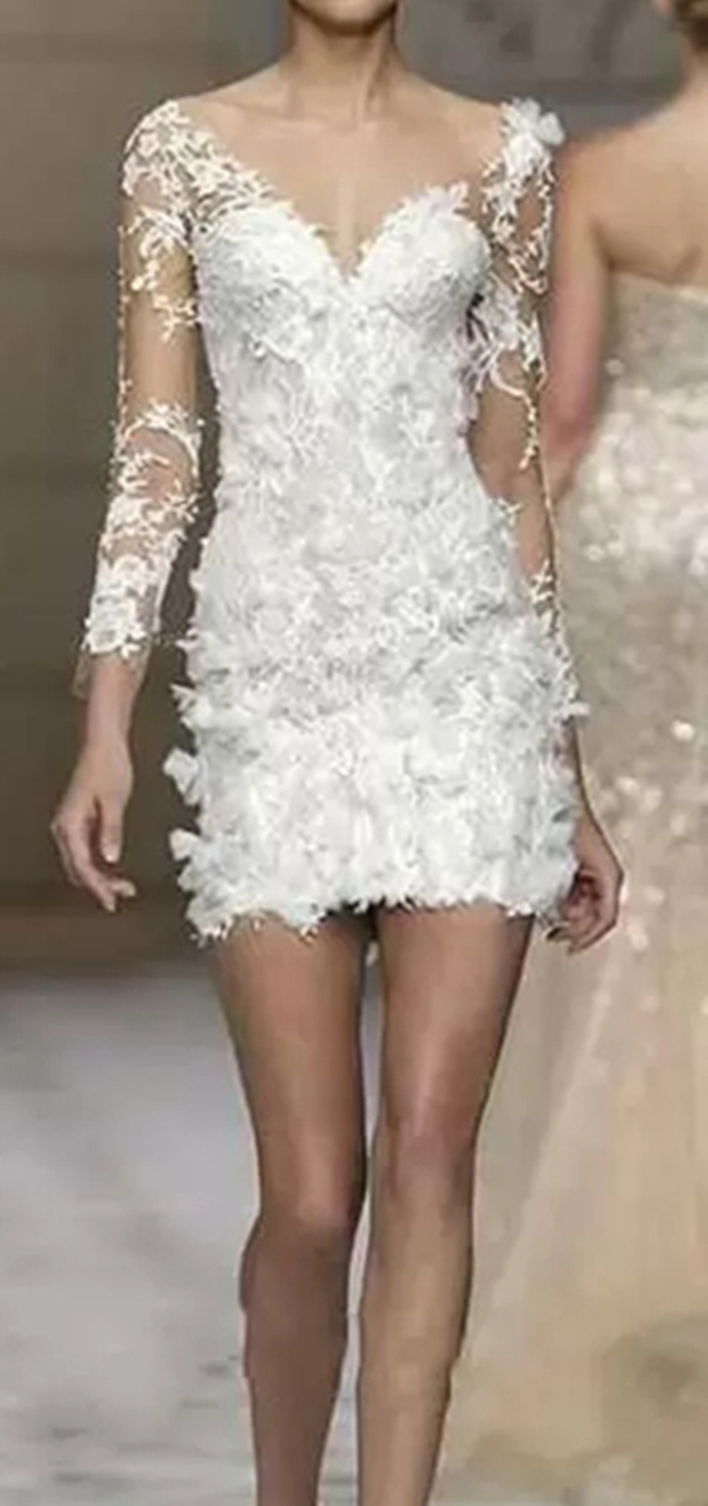 3D Floral Boho Sheath Wedding Dresses Long Sleeves V-neck Short Beach Lace Applique Spring Summer Bridal Reception Gowns Country Vestido De Novia