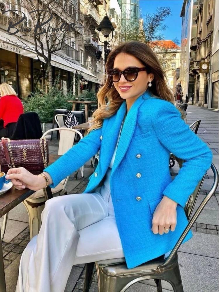 Women's Suits Blazers BlingBlingee Spring Women Traf Jacket Ornate Button Tweed Woolen Coats Female Casual Thick Green Blazers Blue Outerwear 230