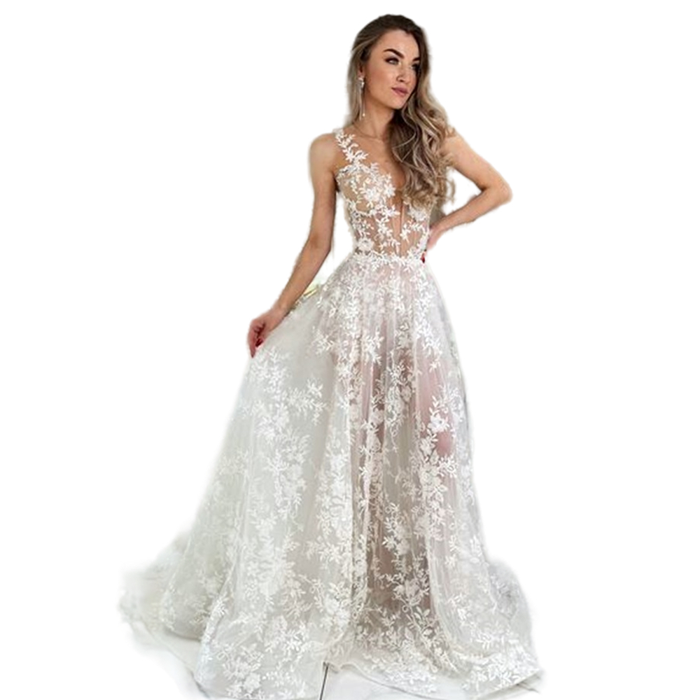 Boho Lace A Line Wedding Dresses Ivory Applique Nude Lining Sleeveless V-Neck Corset Beach Long Bridal Gown Illusion Summer Bride Dress