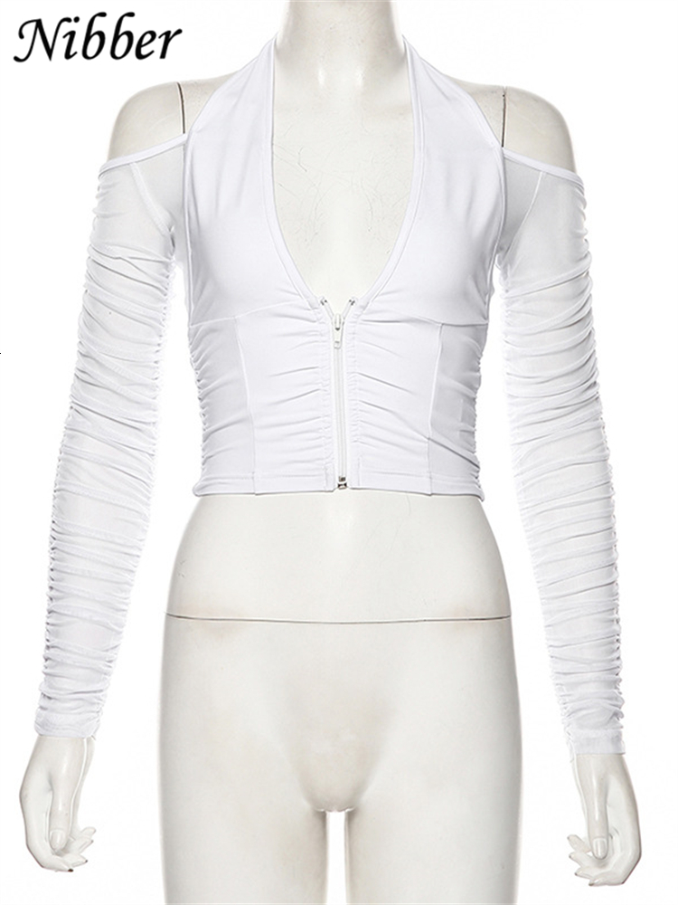 Women's TShirt NIBBER Elegant Sexy Vneck Mesh Tops Summer See through Off Strapless Sleeve Crop Top Club Party Tee shirts Mujer 230130