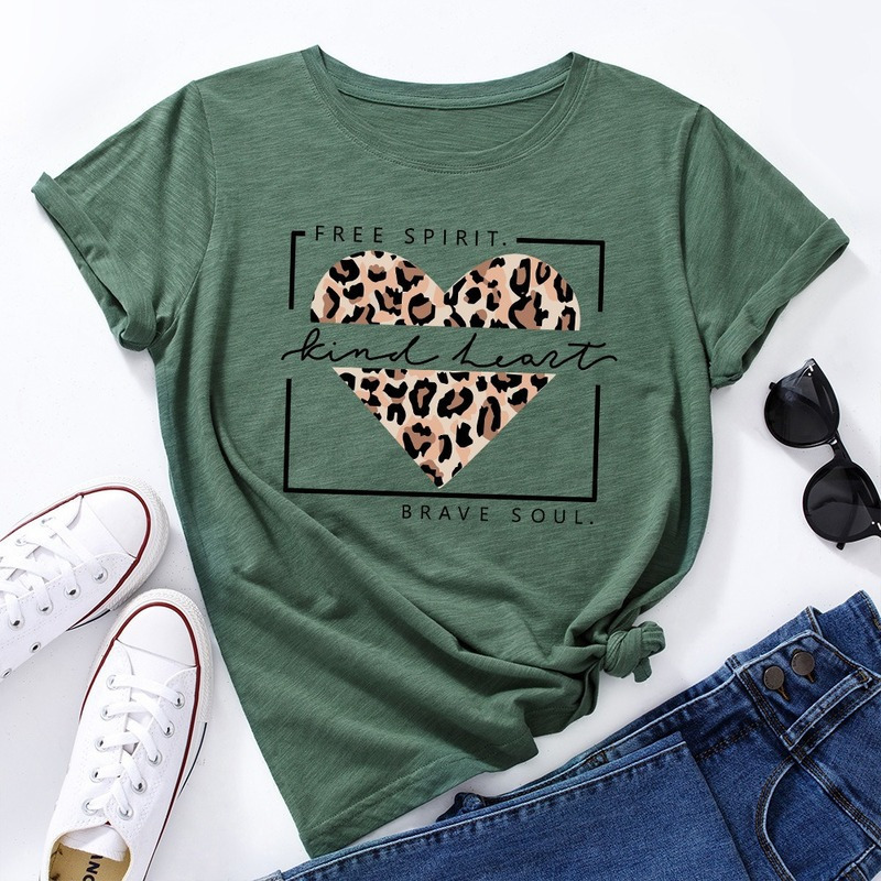 Women's TShirt Summer Cotton Women Fashion Tshirts Leopard Heart Print Short Sleeve Clothes Vintage Ladies Tee Tops Female ONeck TShirts 230130