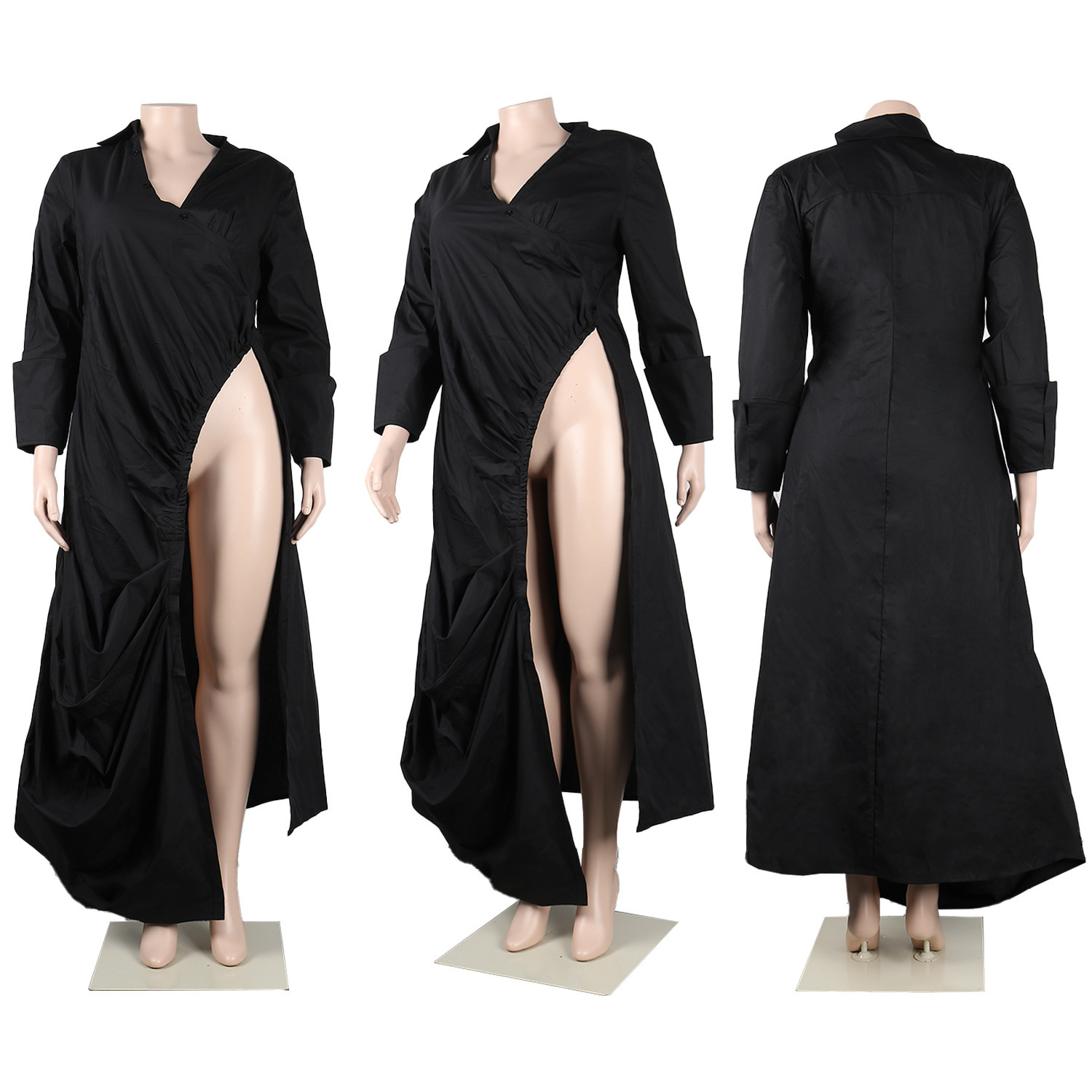 Casual Dresses CMYAYA Vintage Women Long Sleeve High Side Split Ruched Up Wrap Lapel Collar White Maxi Dress Fashion Street 230130