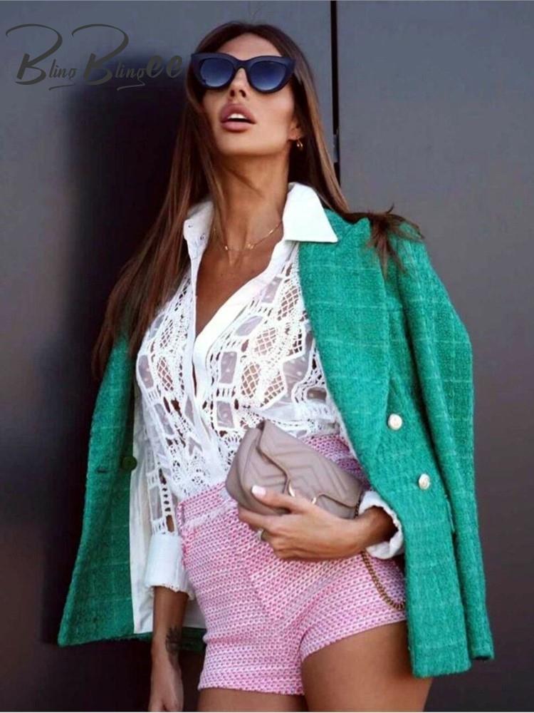 Women's Suits Blazers BlingBlingee Spring Women Traf Jacket Ornate Button Tweed Woolen Coats Female Casual Thick Green Blazers Blue Outerwear 230