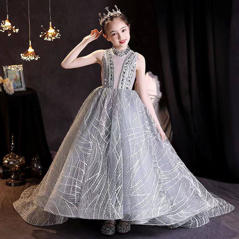 Baby Infant Toddler Birthday Party Blush Gold Sequins Bow Lace Crew Neck Tea Length Tutu Wedding Flower Girl Dresses crystal first communion dresses