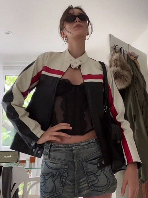 Womens Jackets Rapwriter Street Moto Biker Racing PU y2k Contrastcolor Patchwork Leather Cropped Coats Autumn Harajuku Zip Up Outfits 230130