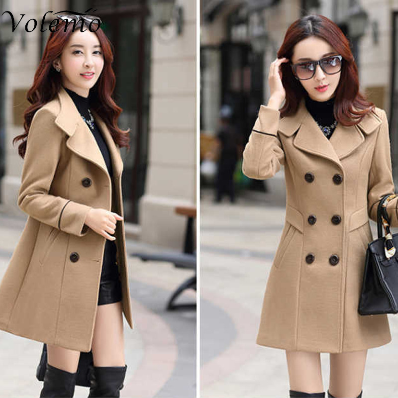 Women's Wool Blends Volemo Plus Size Autumn Winter Jacket Womens Double Breasted Solid Color Coat Korean Slim Female Woolen Jacket Womens Clothin