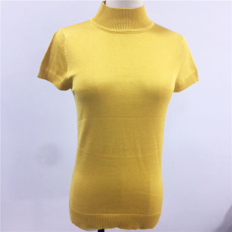 Women's TShirt Fashion Knitt Shortsleeved Tshirt Women Half Turtleneck Stretch Knitted Solid Casual Spring Summer Female Tops 230130