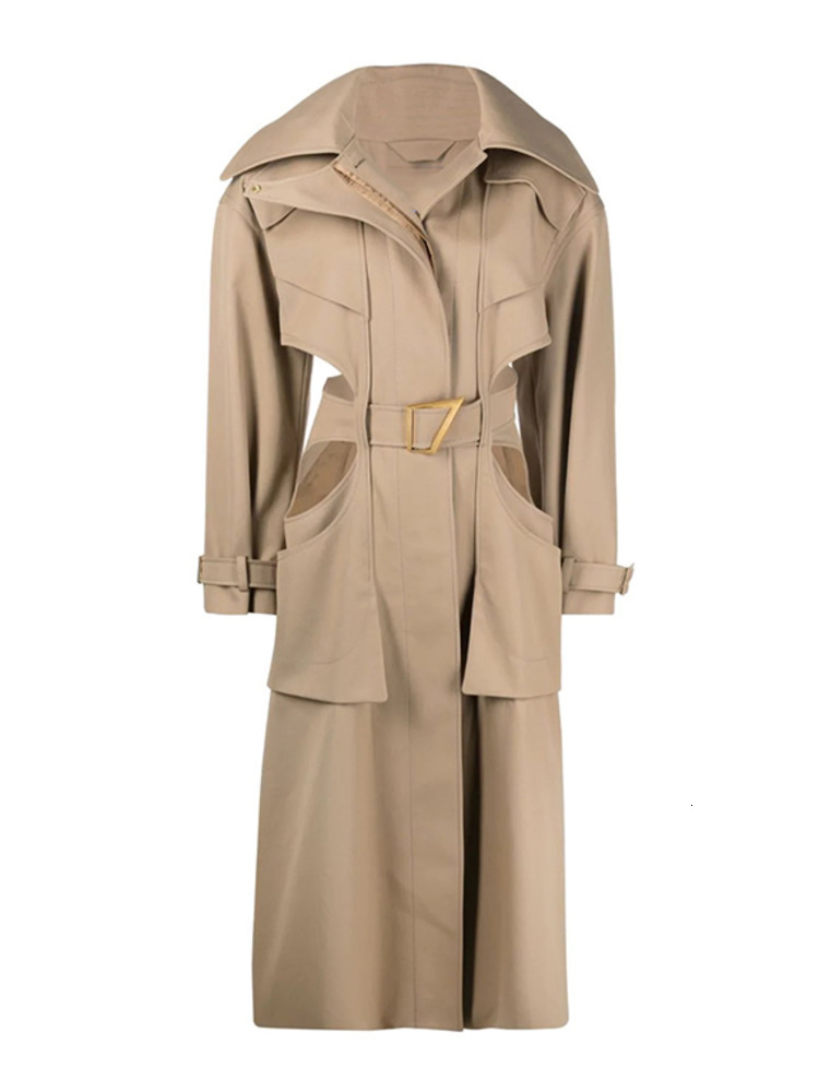 Women's Trench Coats DEAT Fashion Women's Trench Coat Laple Hollow Out Belt Deconstruct Long Sleeve Windbreaker Female Autumn 17A2730 230130