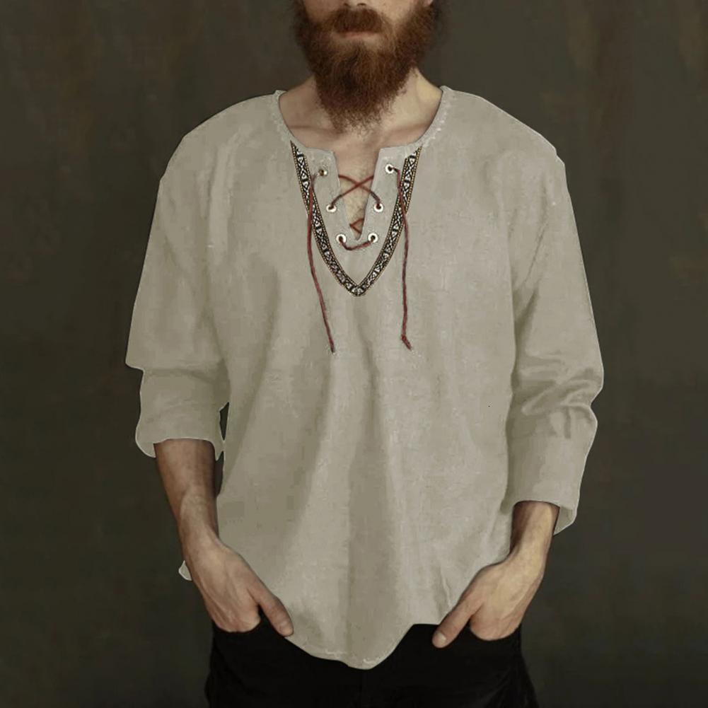 Men's Casual Shirts shirt Pullover Fashion Vintage Thin Long Sleeve Top Breathable Viking Front Lace Up camisas de hombre 230130