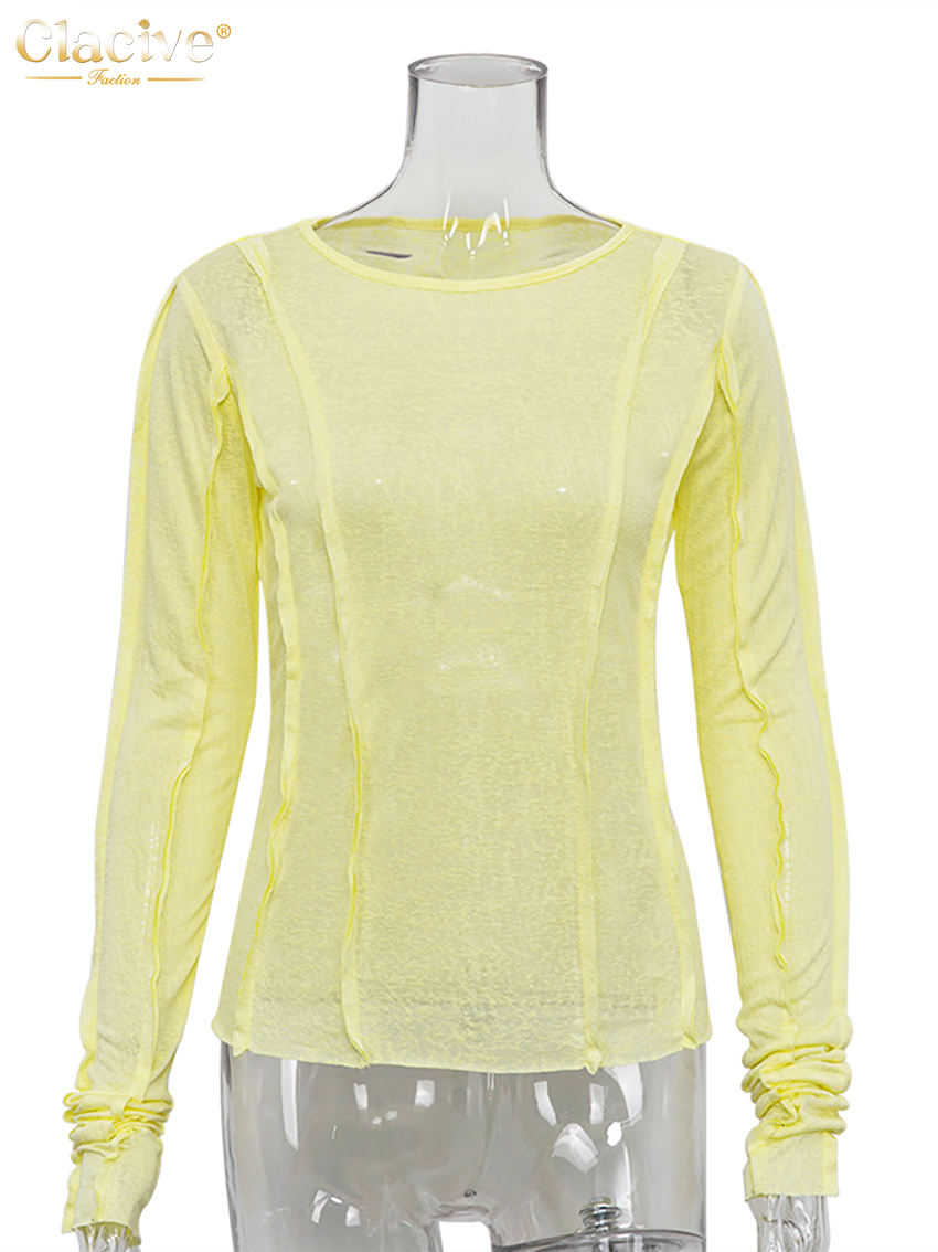 Women's T-Shirt Clacive Bodycon White O-Neck Women'S T-Shirt Elegant Yellow Long Sleeve Fall Tee Shirt Casual Slim Elastic Solid Top Female 