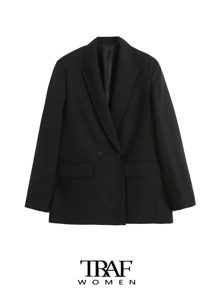 Women's Suits Blazers TRAF Women Fashion Double Breasted Loose Fitting Blazer Coat Vintage Long Sleeve Pockets Female Outerwear Chic Veste Femme 