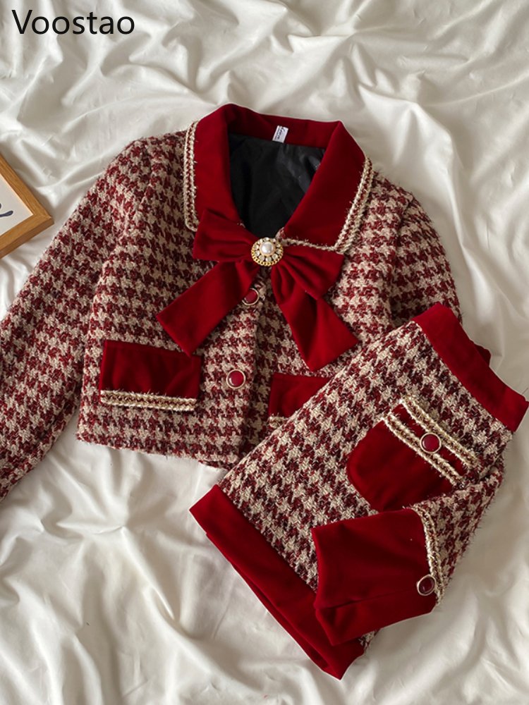 Two Piece Dress Autumn Winter Elegant Tweed Plaid Skirt Sets Women Sweet Chic Pearl Bow Woolen Jackets Mini Skirts Suit Korean Female Outfits 230130