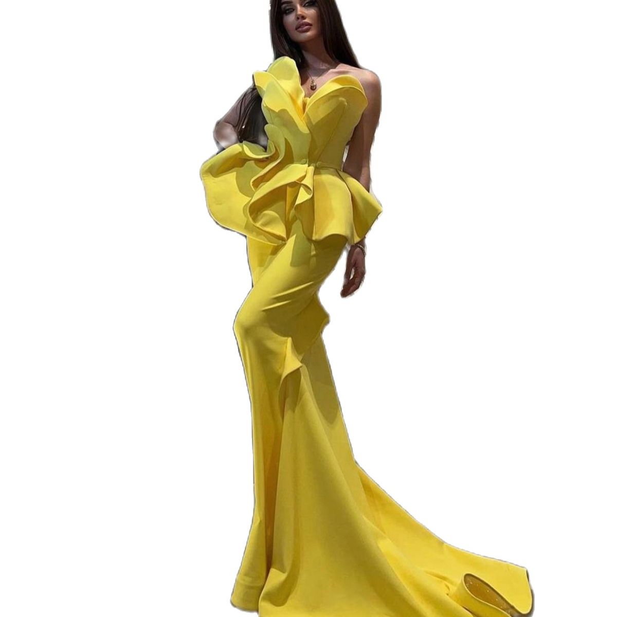 Long Luxury Evening Dresses Satin Mermaid Ruffles V Neck Sleeveless Women Formal Party Prom Gowns