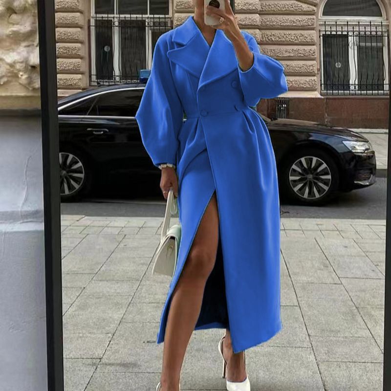 Women's Wool Blends Women Warm Lapel Lantern Sleeve Coat Autumn Double Breasted Elegant Outwear Street Fashion Lady Waisted Woolen Solid Coat Muj