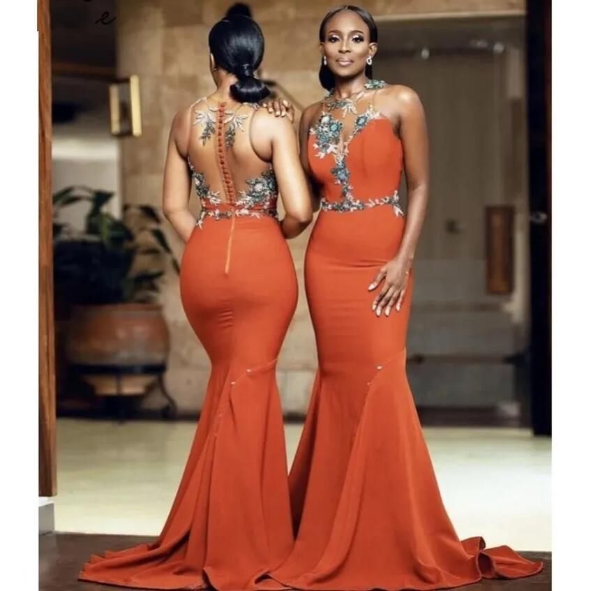 Burnt Orange Mermaid Bridesmaid Dresses ASO EBI African Appliques Beads With Button Covered Back Trumpet maid of Honor Gowns Plus Size