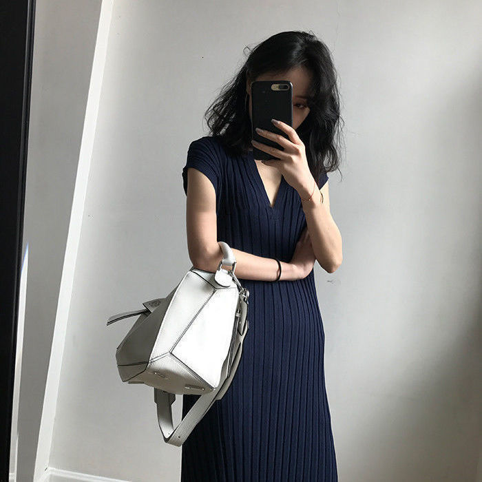 Casual Dresses Spring and Summer Cheongsam Style Loose Knitting Dres Vneck Striped Ribbed Vestidos De Mujer 230130