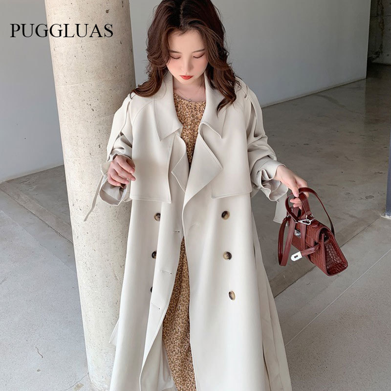 Women's Trench Coats Korea Loose Oversize Double-Breasted Long Trench Coat Women White Black Duster Coat Windbreaker Lady Outerwear Autumn Clothe