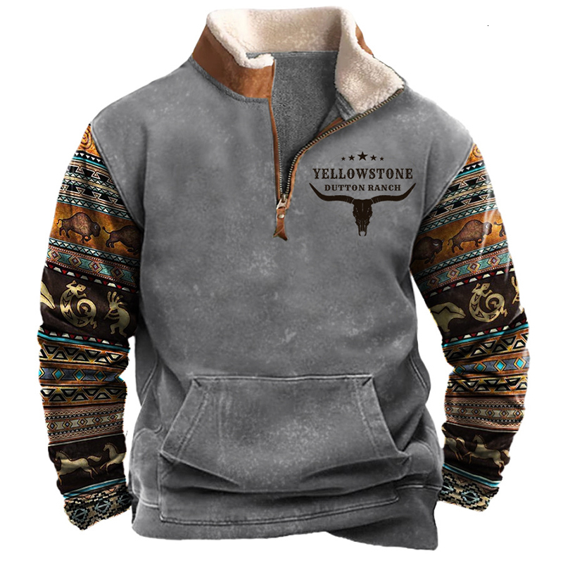 Men's Hoodies Sweatshirts Vintage Pattern Print Wool Lapel Men Casual Loose Long Sleeve Zipper Pullover 2023 Spring Mens Clothes Leisure Tops 230