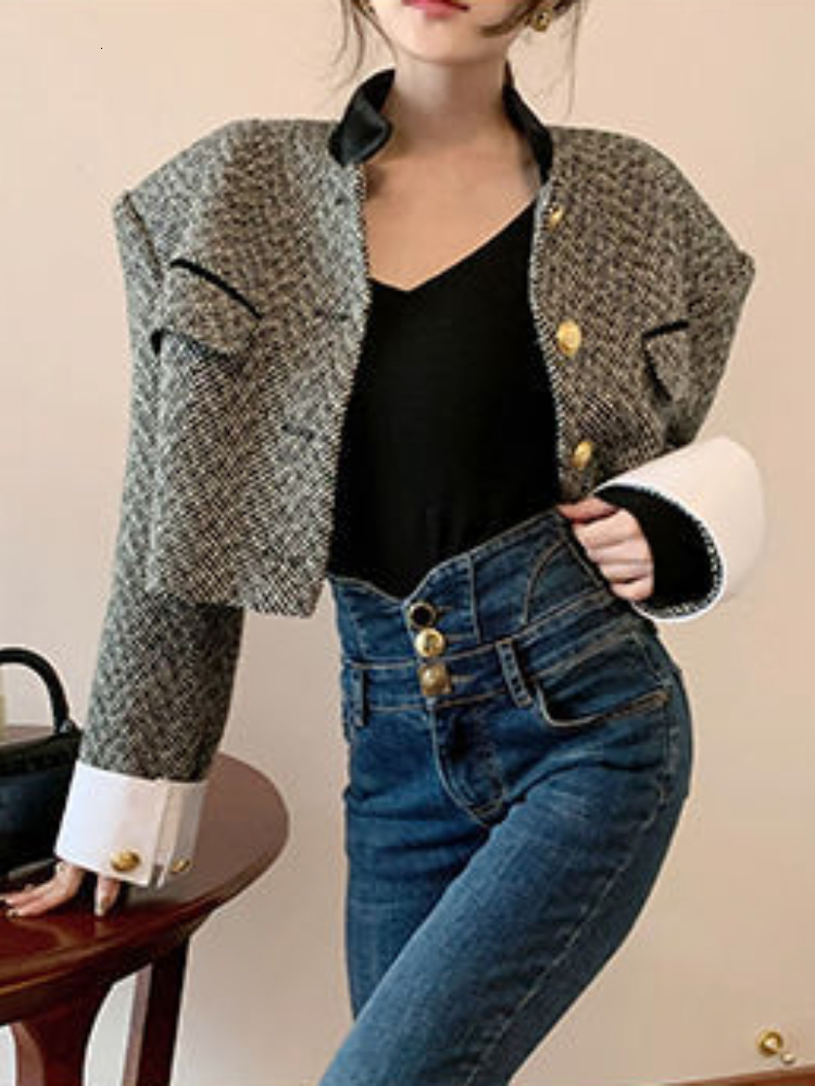 Women's Jackets Woherb Fashion Korean Chic Vintage Tweed Jacket Coat Women Spring Contrast Color Cropped Jackets Elegant Office Lady Outwear 2301