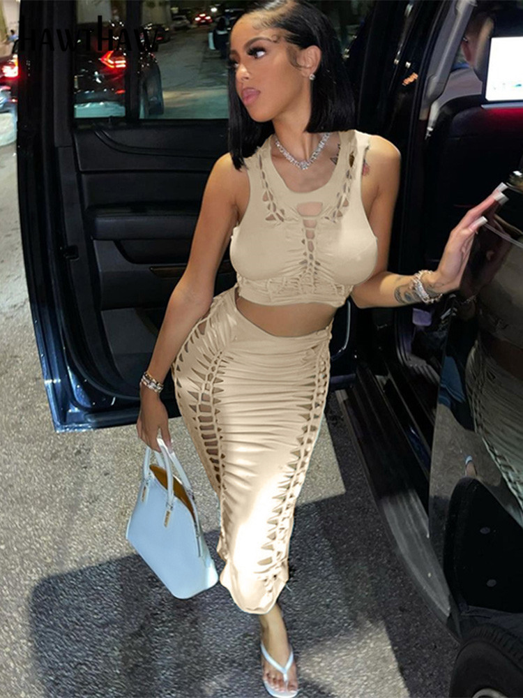 Two Piece Dress Hawthaw Women Fashion Crop Tank Tops Long Skirts Two Piece Matching Sets Outfit Summer Clothes Wholesale Items For Business 230130