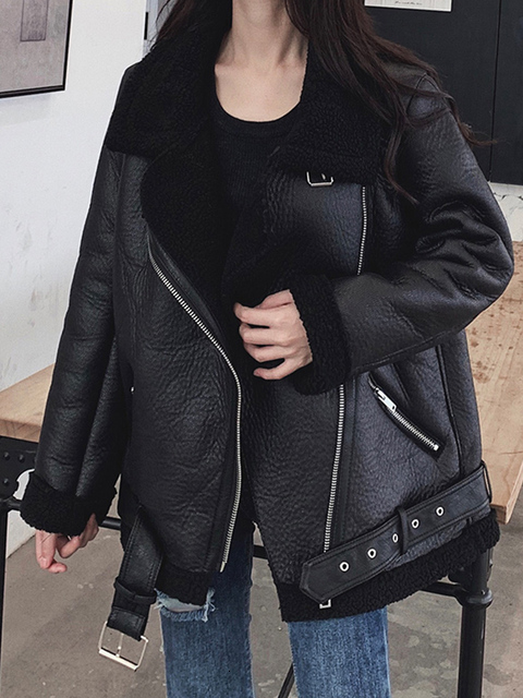 Women's Leather Faux Leather Ailegogo Women Lamb Fur Faux Leather Jacket Coat Turn Down Collar Winter Thick Warm Zipper With Belt Outerwear 23013