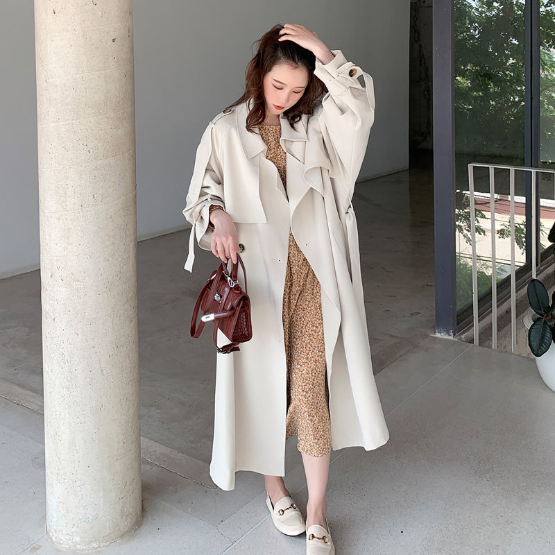 Women's Trench Coats Korea Loose Oversize Double-Breasted Long Trench Coat Women White Black Duster Coat Windbreaker Lady Outerwear Autumn Clothe