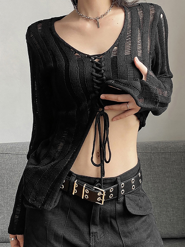 Women's TShirt Goth Dark Mall Gothic See Through Bandage Blouse Grunge Black Casual Sexy Knitwear Tshirt Y2k Long Sleeve Streetwear Women Tops 23