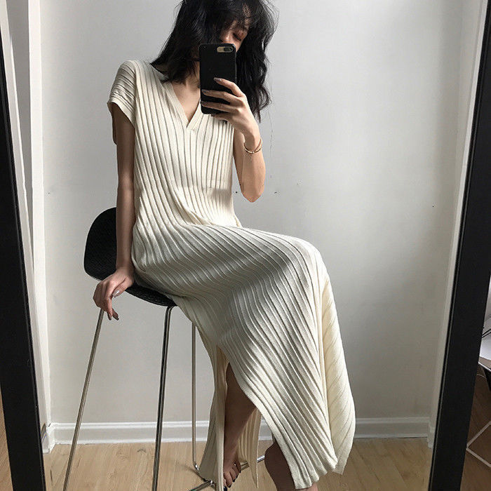 Casual Dresses Spring and Summer Cheongsam Style Loose Knitting Dres Vneck Striped Ribbed Vestidos De Mujer 230130